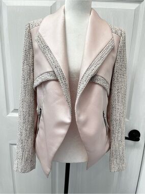 Bebe Pale Pink Mixed Media Blazer 6 Cream Tweed Sleeves Coquette Draped Cropped